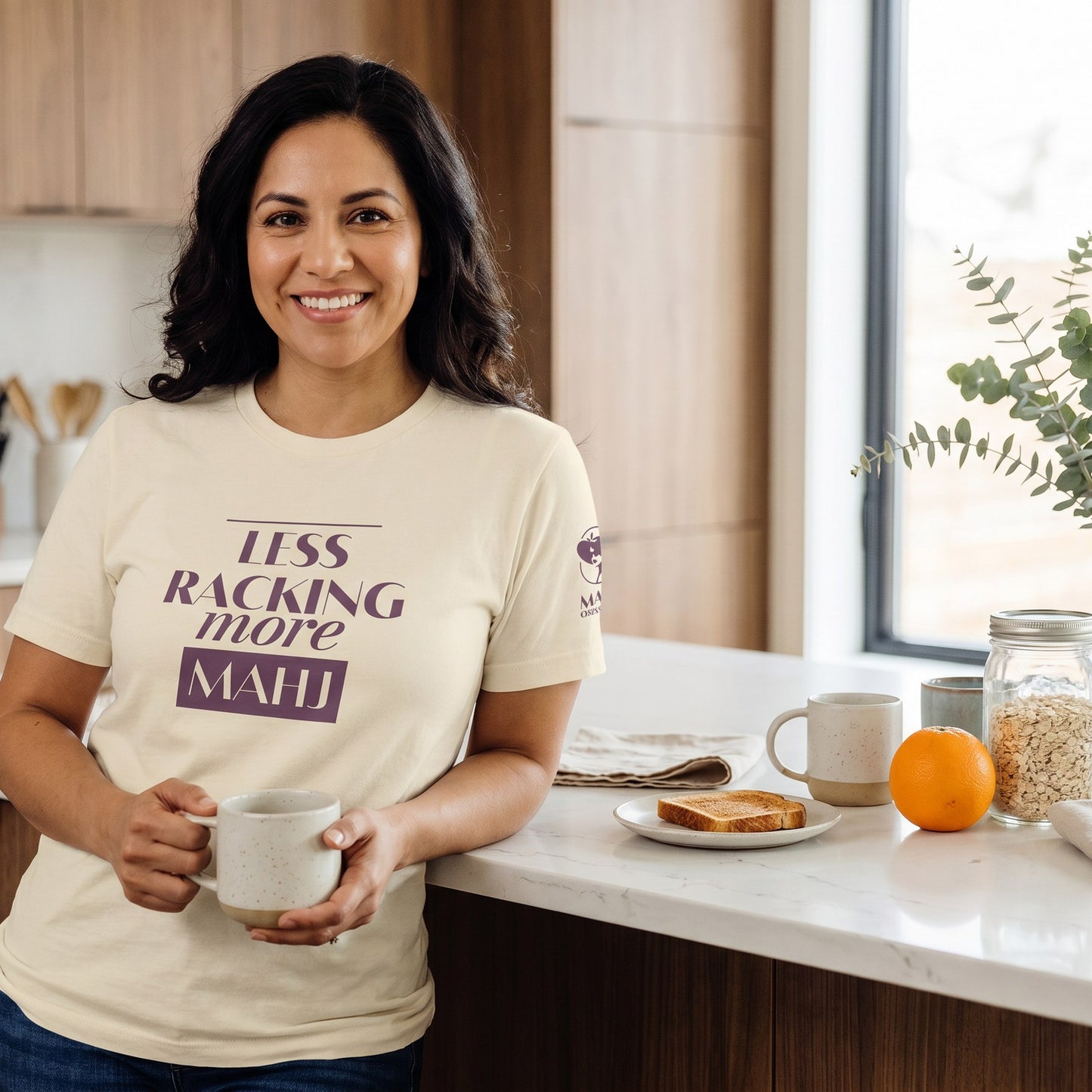Woman wearing mahjong t-shirt Natural - Mahj Obsessed [color:natural]