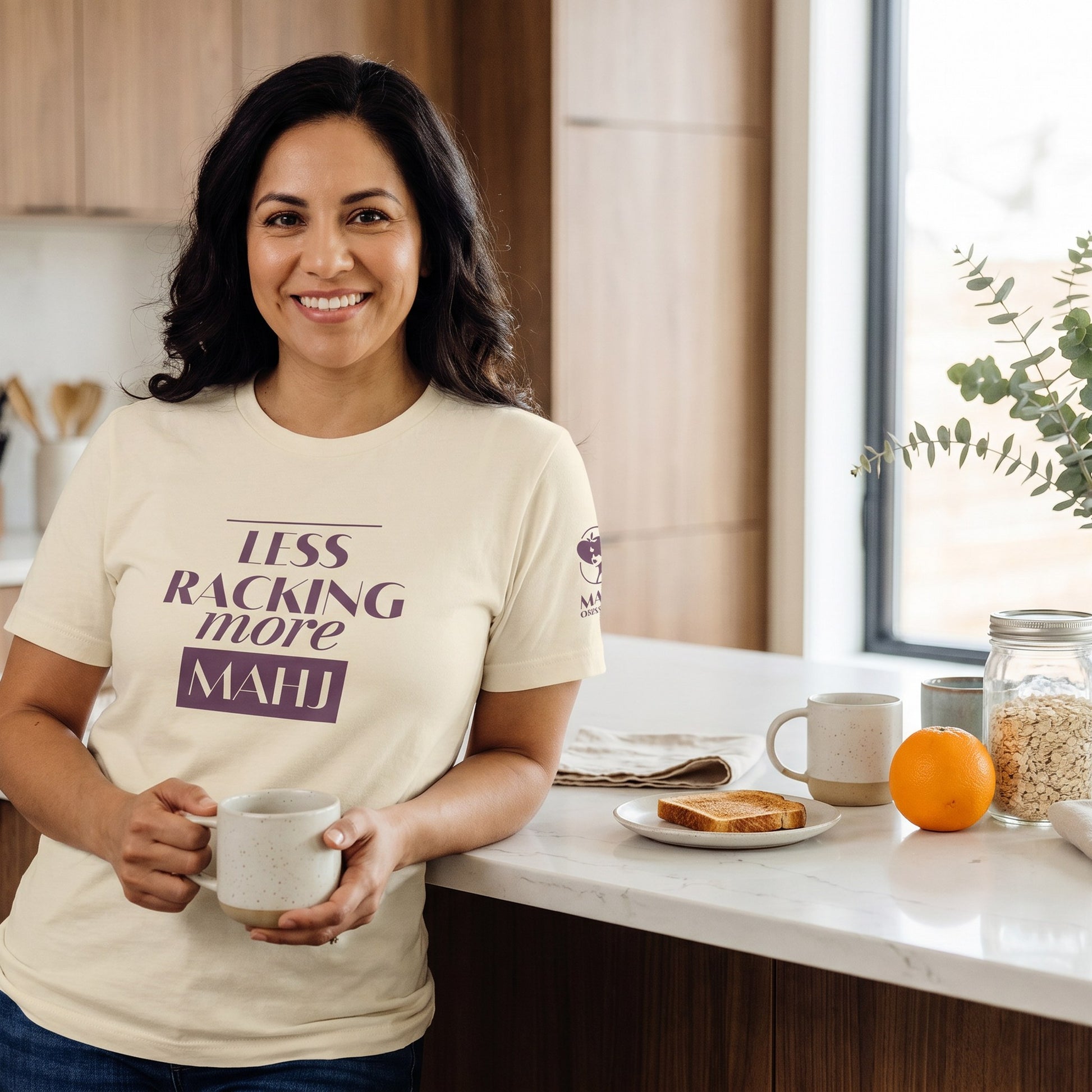 Woman wearing mahjong t-shirt Natural - Mahj Obsessed [color:natural]