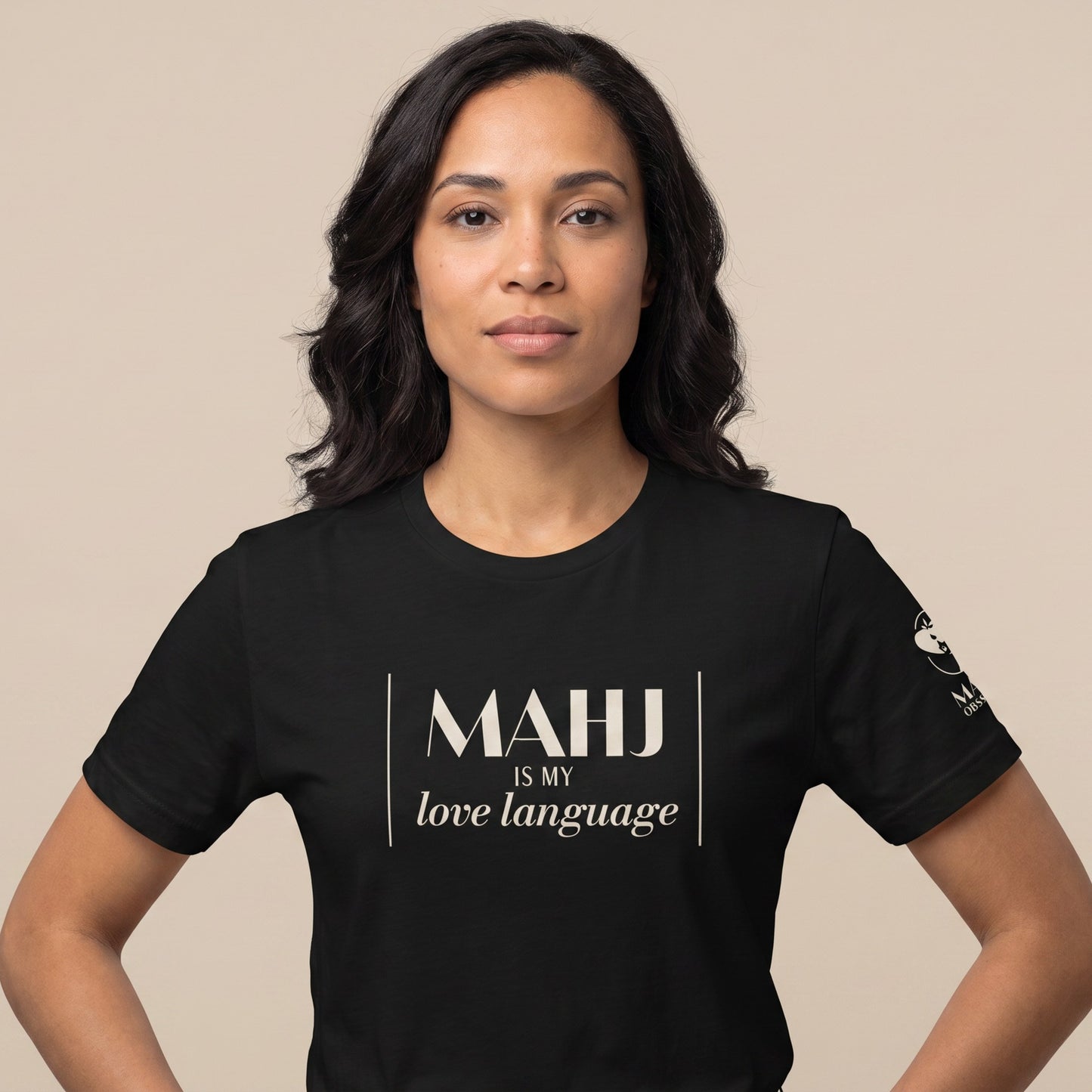 Women's mahjong t-shirt Black front view - Mahj Obsessed [color:black]