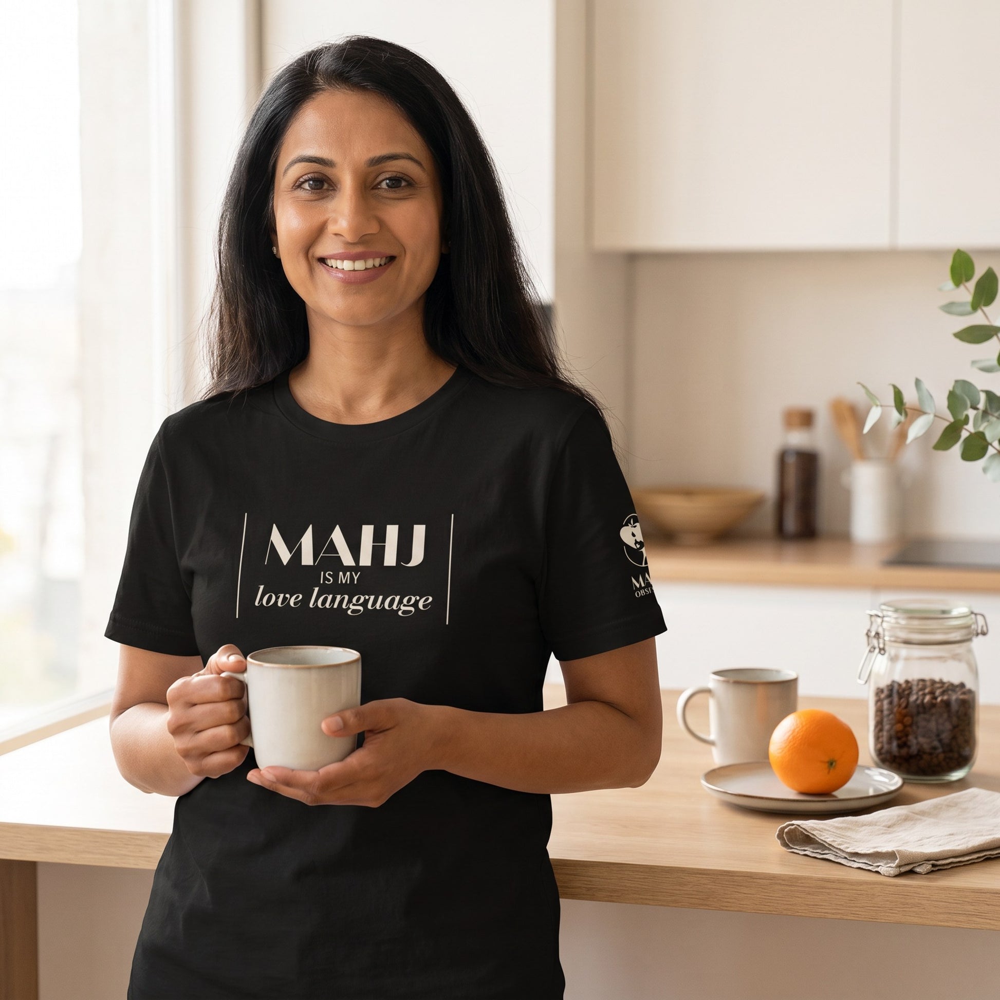 Woman wearing mahjong t-shirt Black - Mahj Obsessed [color:black]