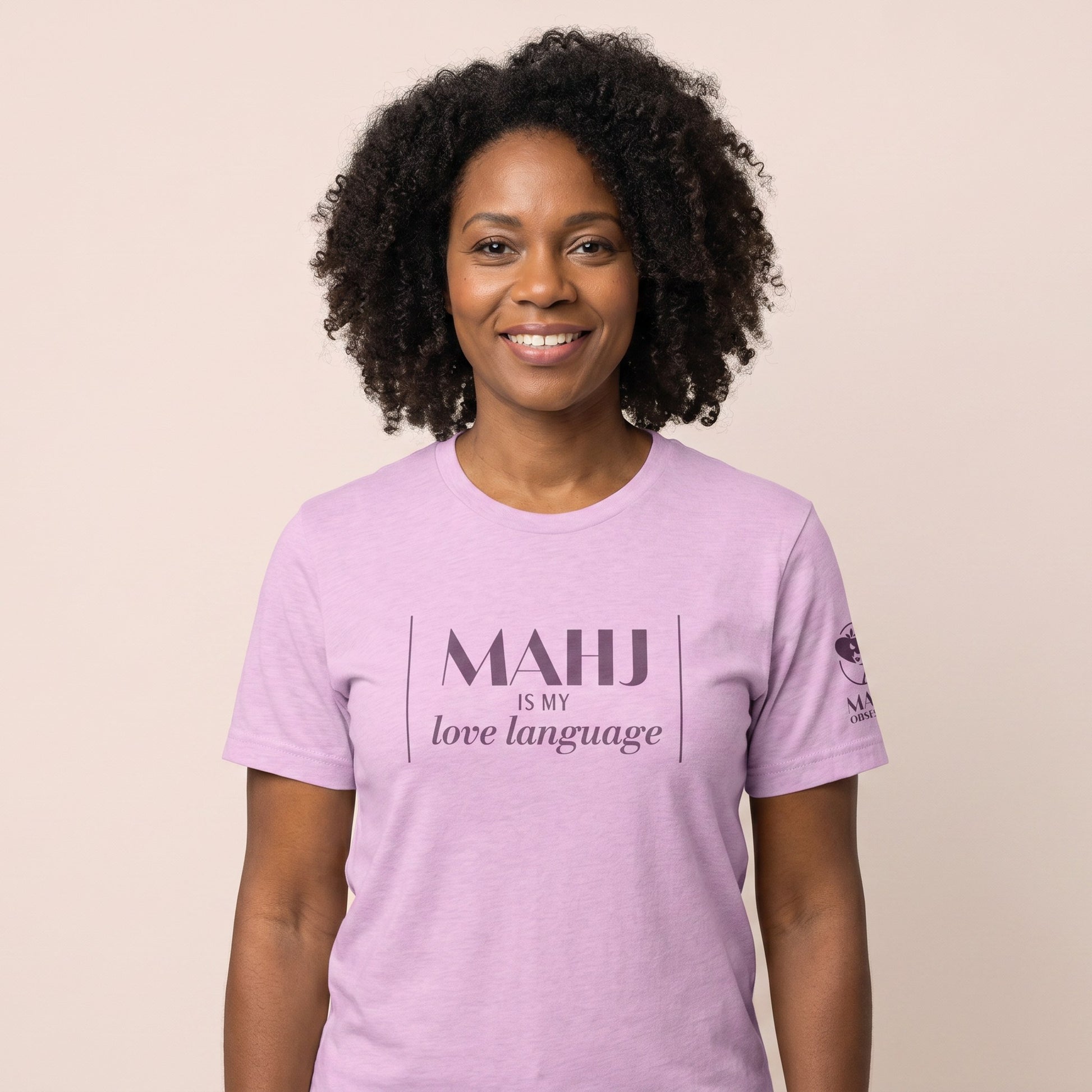 Women's mahjong t-shirt Lilac front view - Mahj Obsessed [color:lilac]