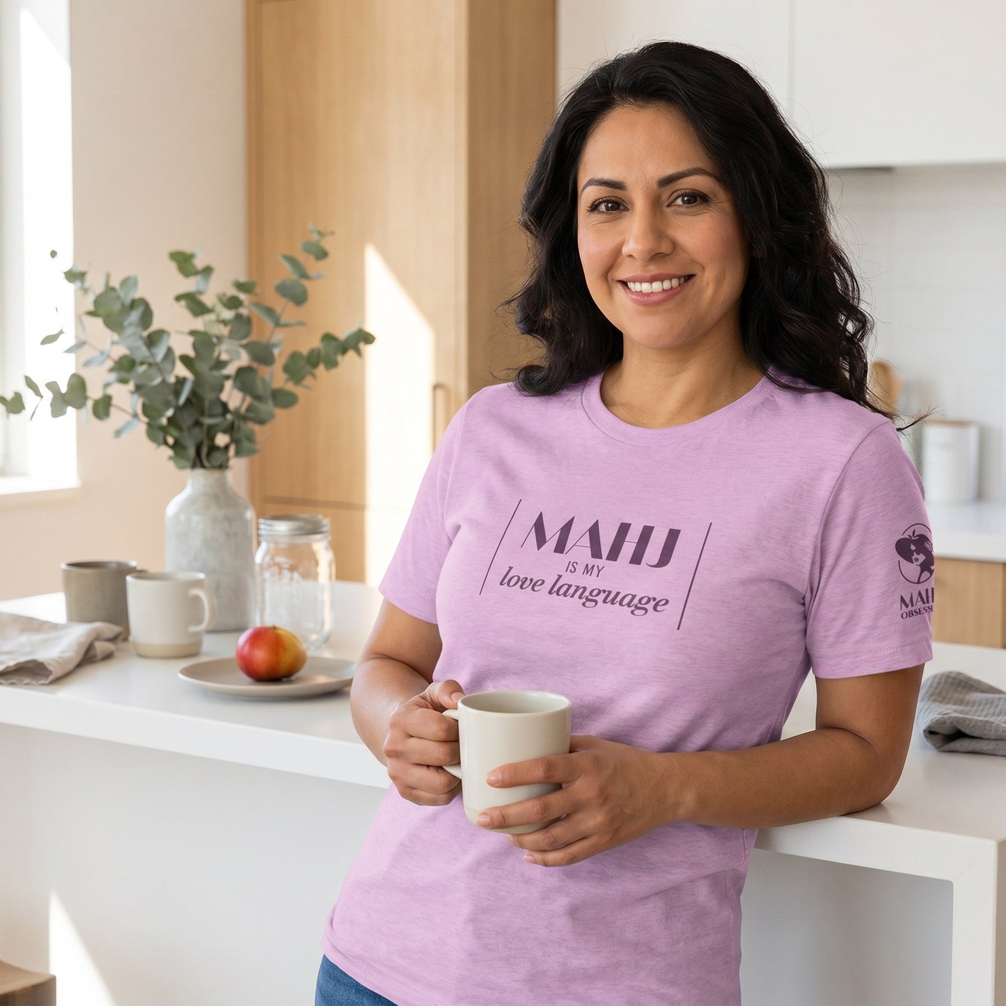 Woman wearing mahjong t-shirt Lilac - Mahj Obsessed [color:lilac]