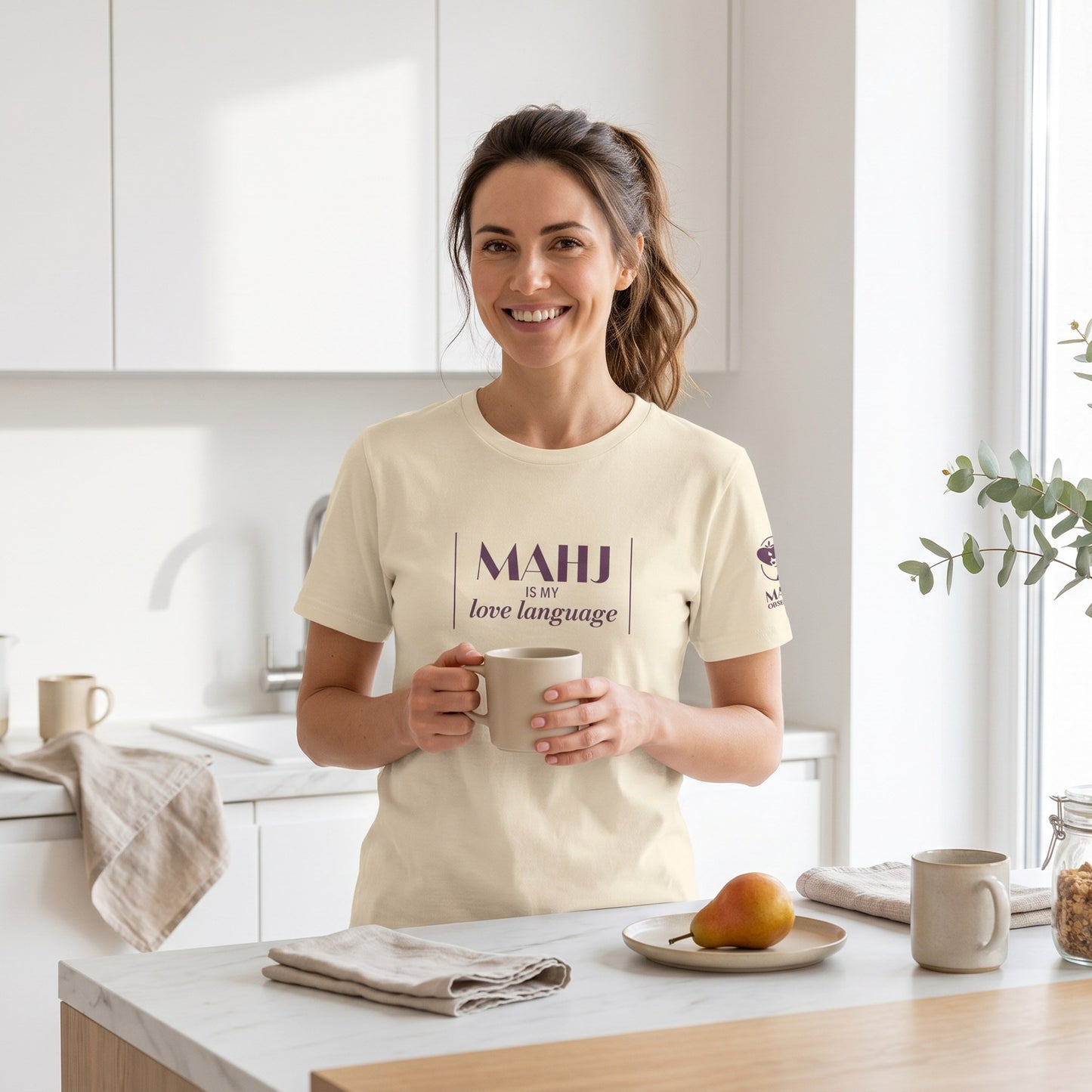 Woman wearing mahjong t-shirt Natural - Mahj Obsessed [color:natural]