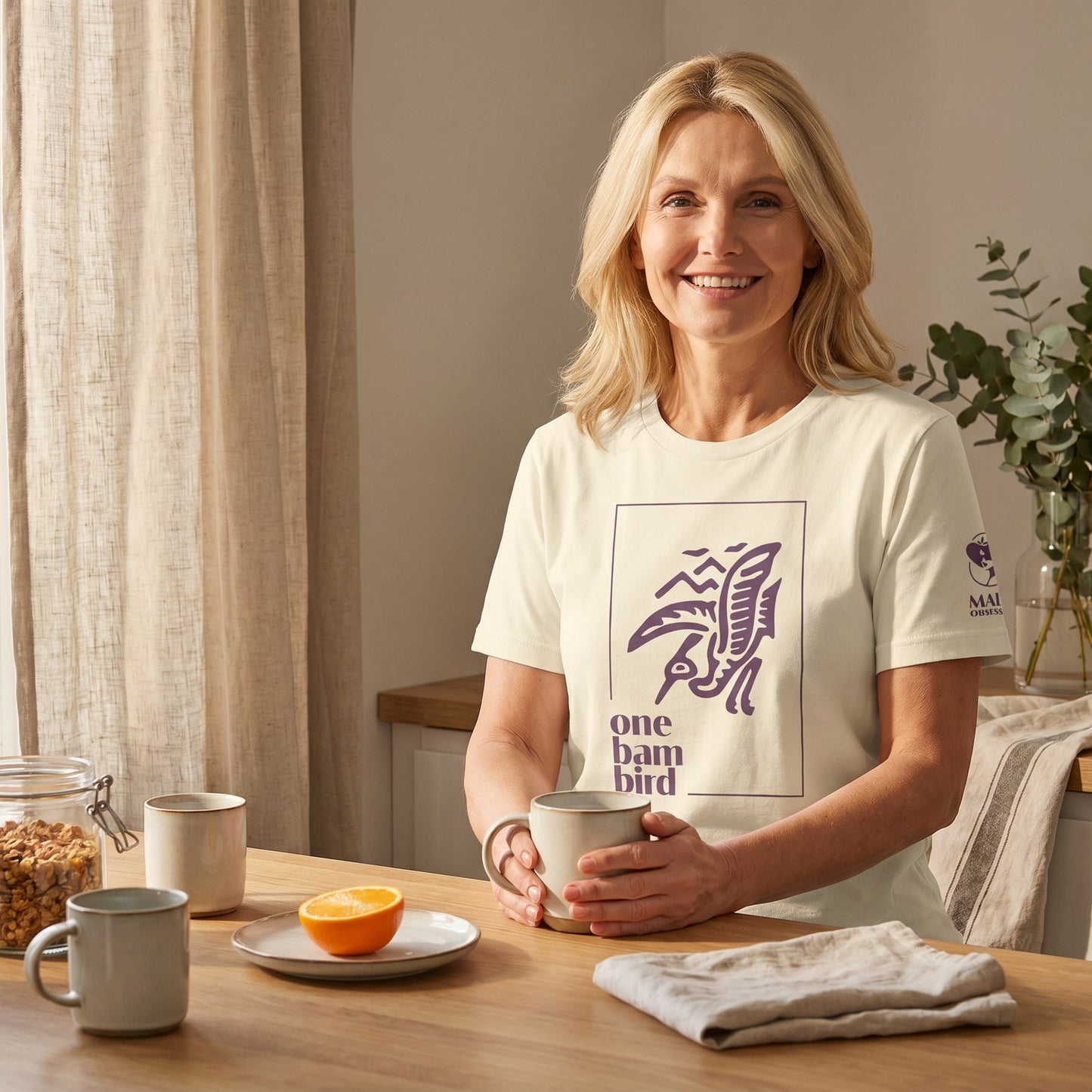 Woman wearing mahjong t-shirt Natural - Mahj Obsessed [color:natural]