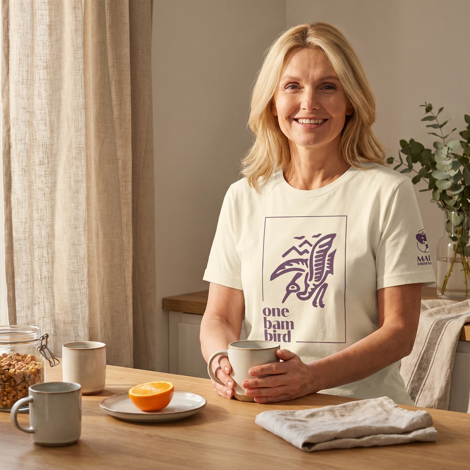 Woman wearing mahjong t-shirt Natural - Mahj Obsessed [color:natural]
