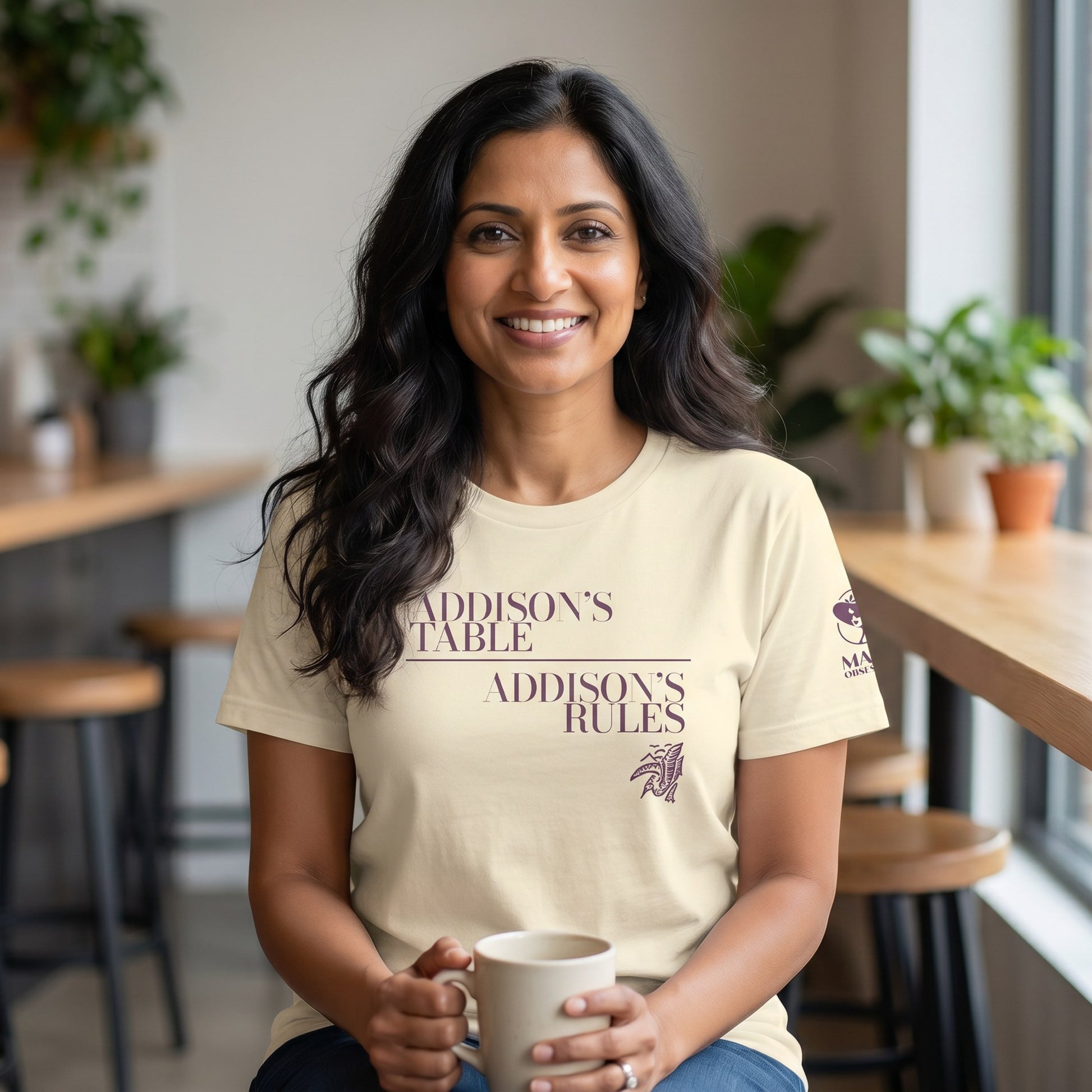 Woman wearing mahjong t-shirt Natural - Mahj Obsessed [color:natural]