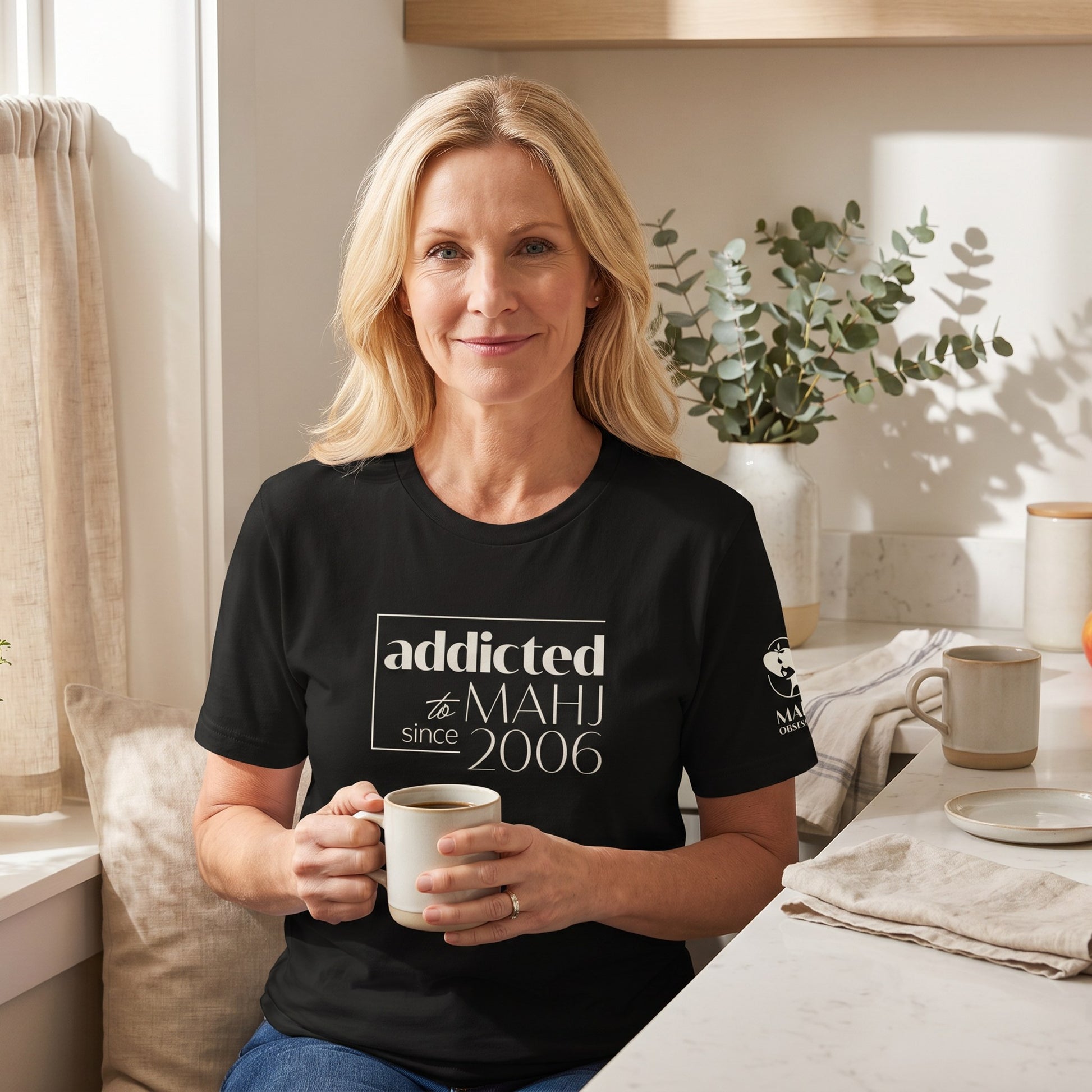 Woman wearing mahjong t-shirt Black - Mahj Obsessed [color:black]