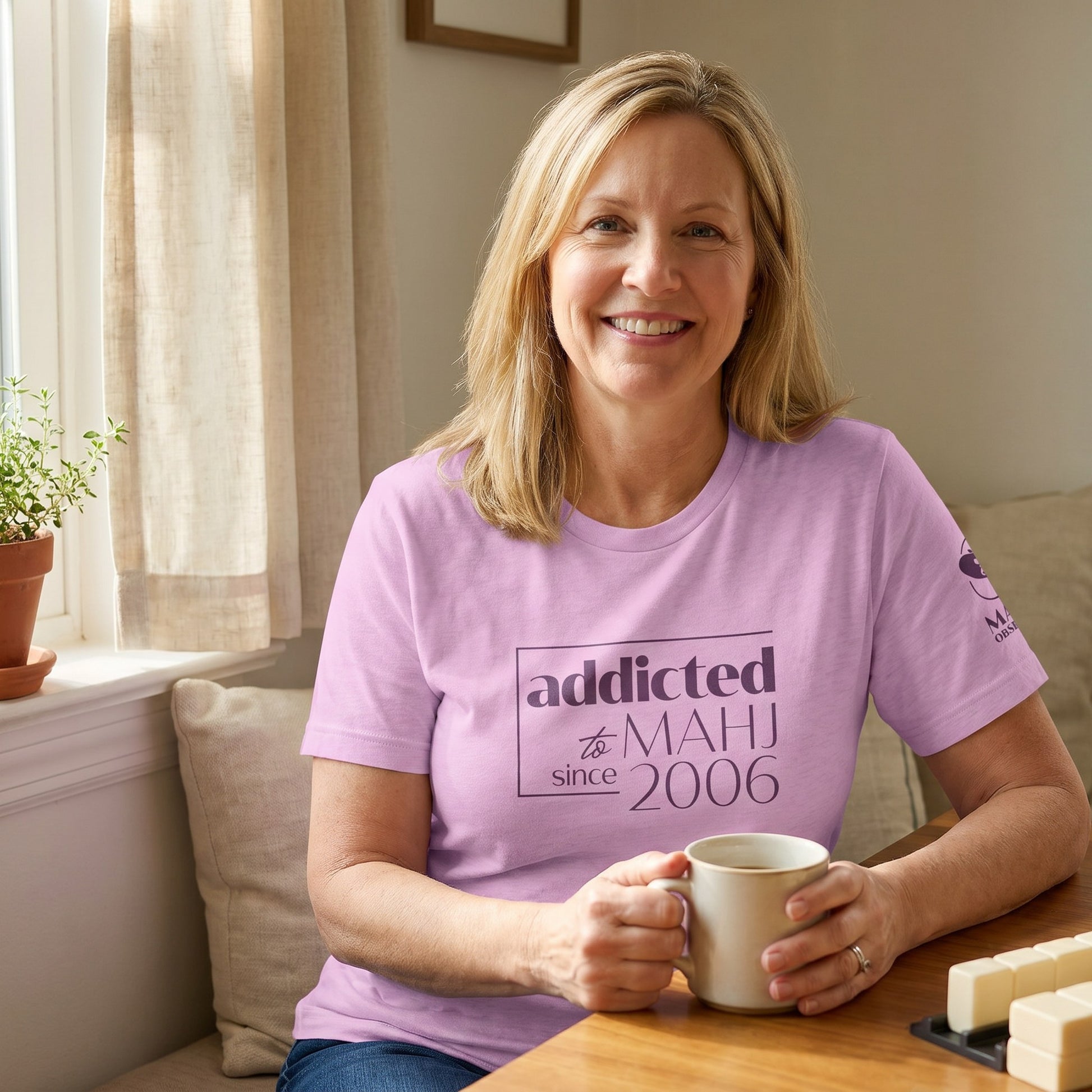 Woman wearing mahjong t-shirt Lilac - Mahj Obsessed [color:lilac]