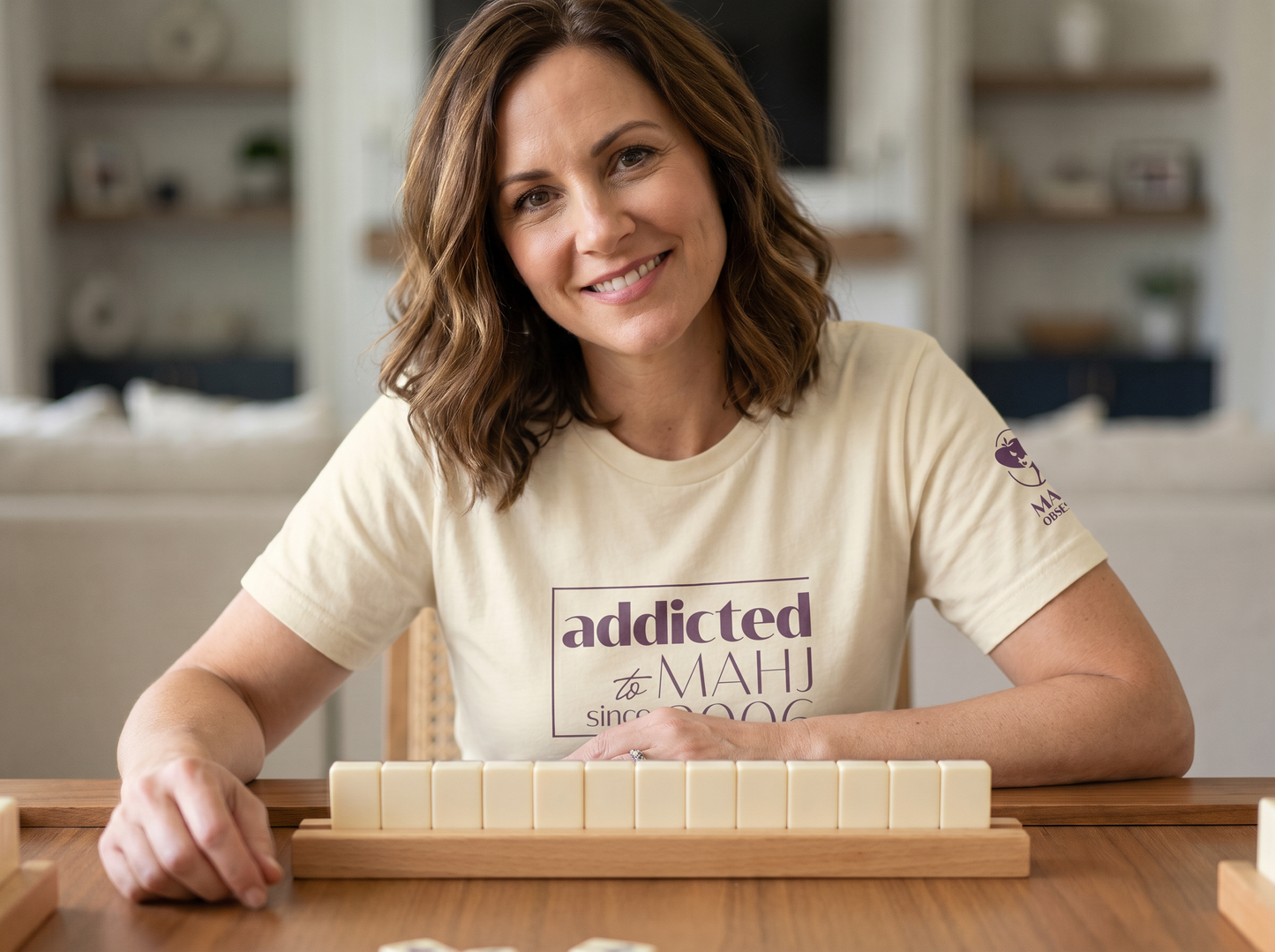 Mahjong t-shirt at game table Natural - Mahj Obsessed [color:natural]