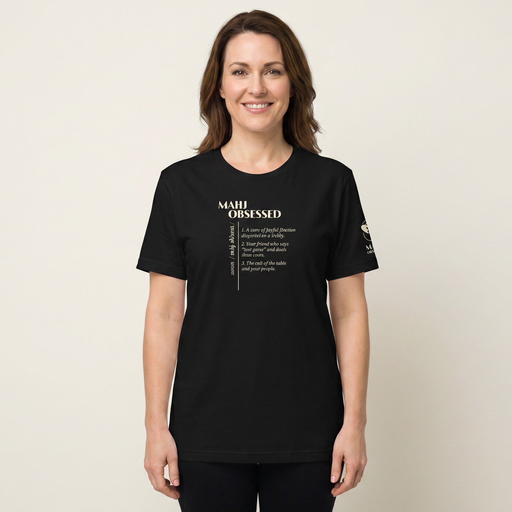 Women's mahjong t-shirt Black front view - Mahj Obsessed [color:black]