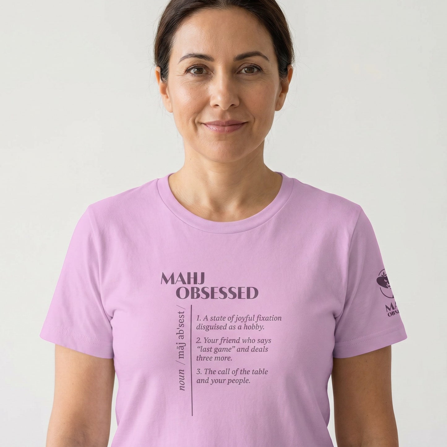 Women's mahjong t-shirt Lilac front view - Mahj Obsessed [color:lilac]