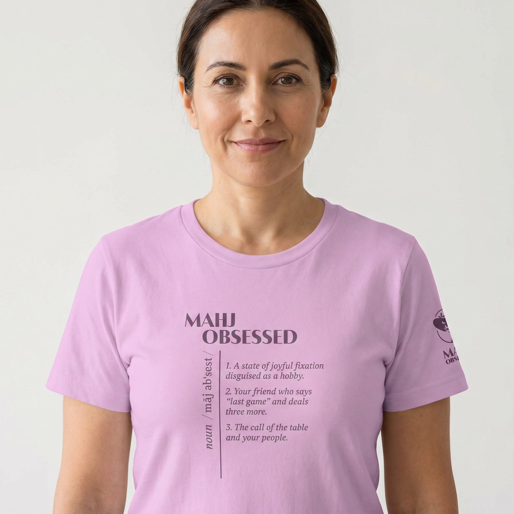 Women's mahjong t-shirt Lilac front view - Mahj Obsessed [color:lilac]
