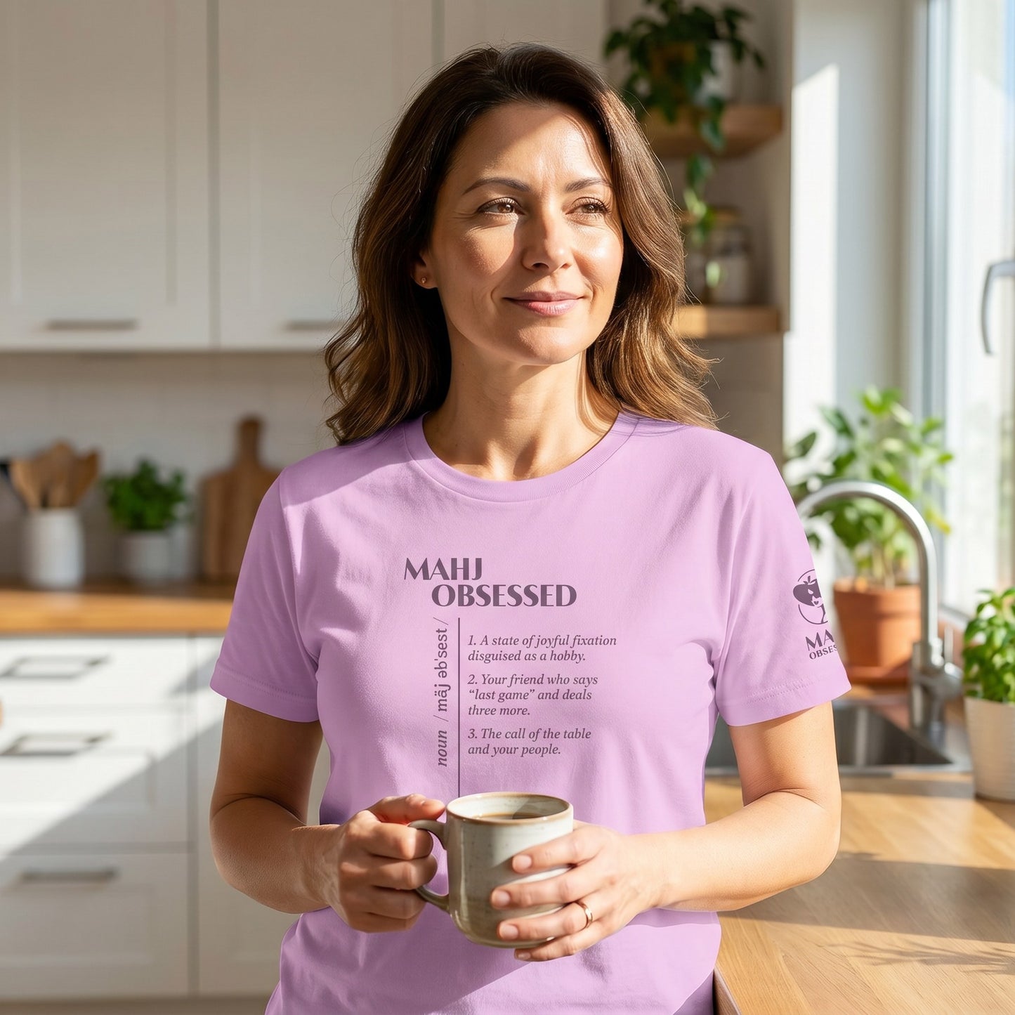 Woman wearing mahjong t-shirt Lilac - Mahj Obsessed [color:lilac]