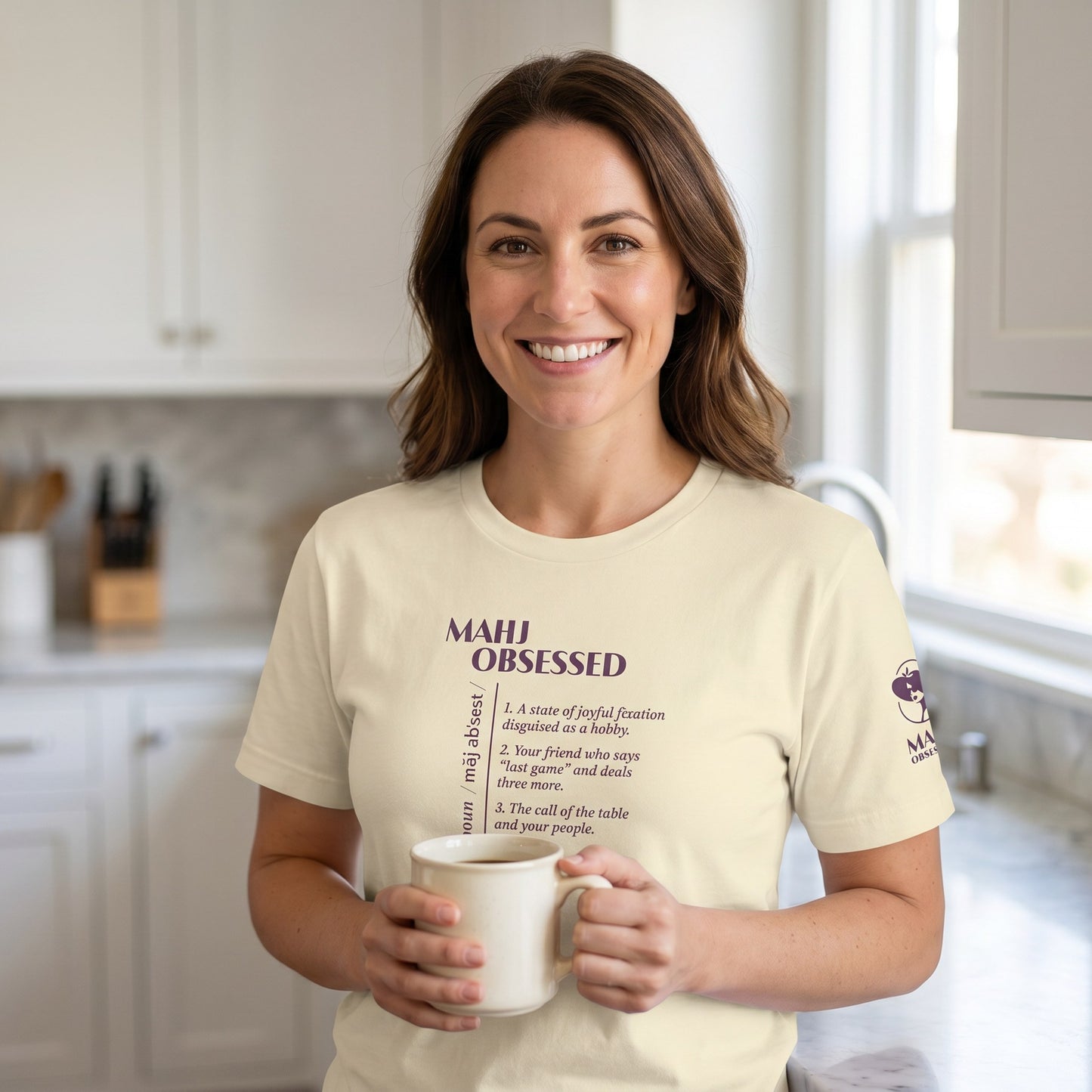 Woman wearing mahjong t-shirt Natural - Mahj Obsessed [color:natural]