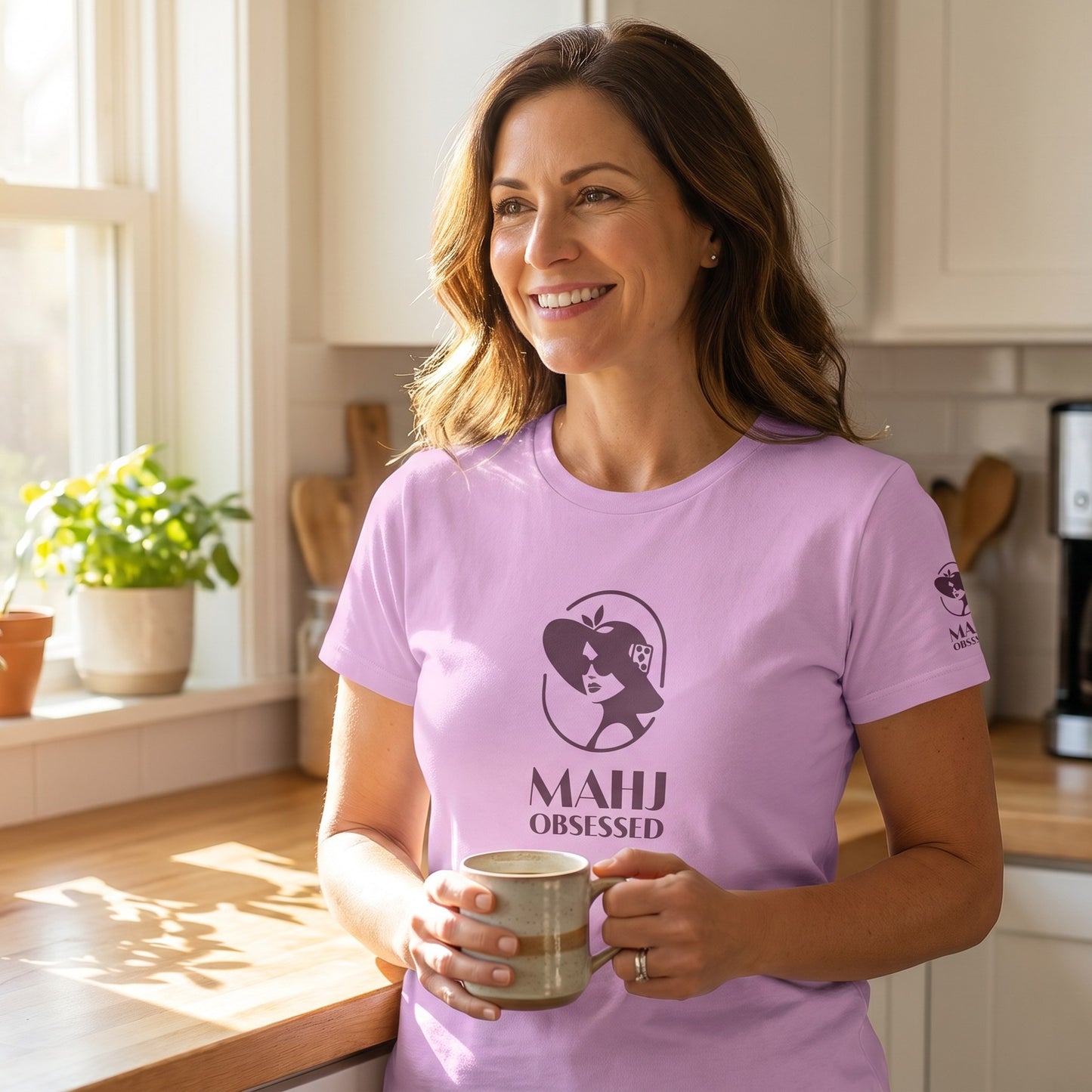 Woman wearing mahjong t-shirt Lilac - Mahj Obsessed [color:lilac]