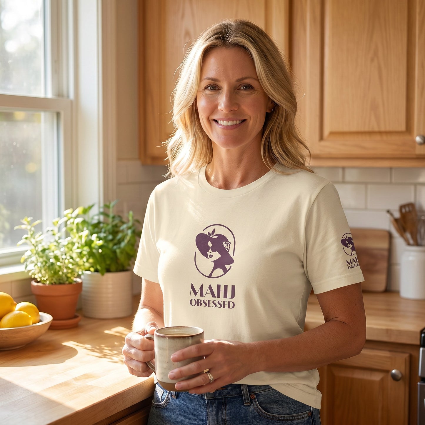 Woman wearing mahjong t-shirt Natural - Mahj Obsessed [color:natural]