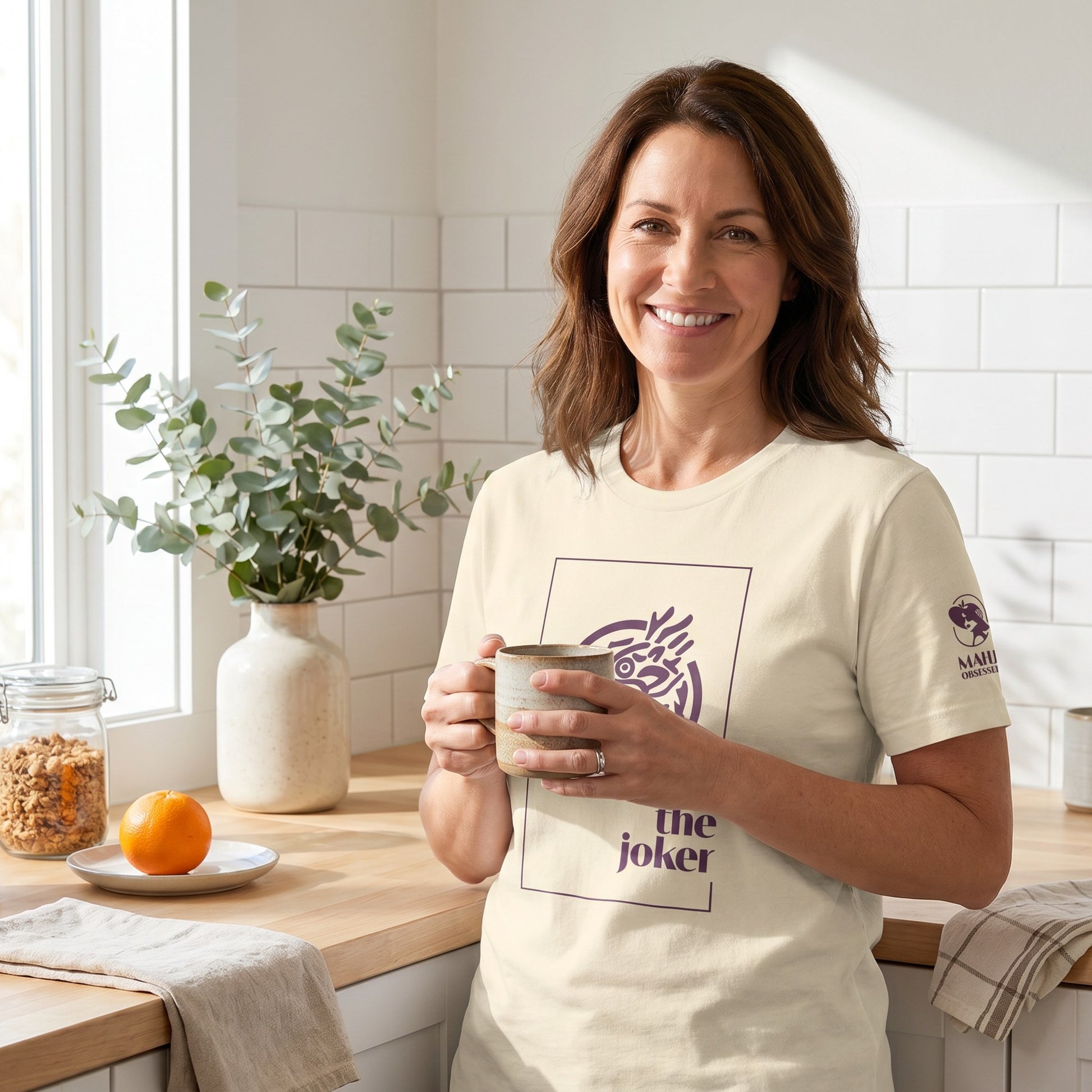 Woman wearing mahjong t-shirt Natural - Mahj Obsessed [color:natural]