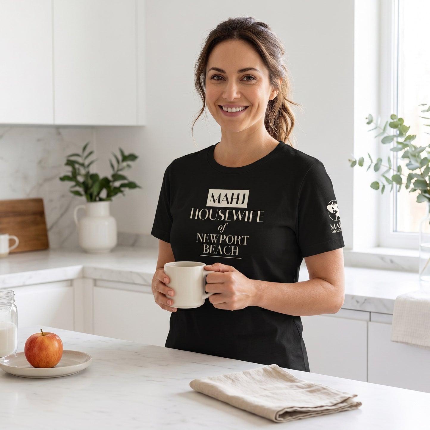 Woman wearing mahjong t-shirt Black - Mahj Obsessed [color:black]