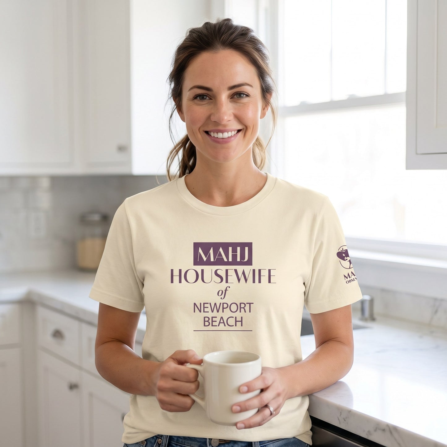 Woman wearing mahjong t-shirt Natural - Mahj Obsessed [color:natural]